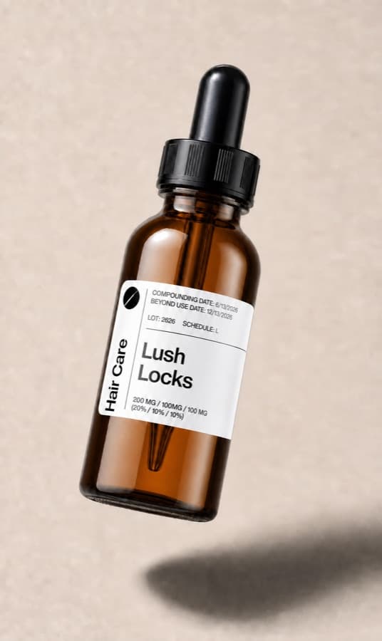 Compounded Lush Locks hair-care dropper bottle